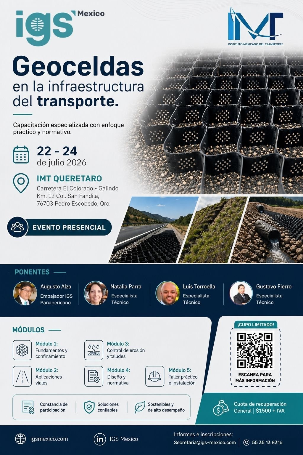 Flyer para capacitación en geoceldas en infraestructura de transporte, 22-24 de julio de 2026 en Querétaro, México